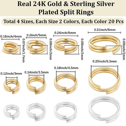 24K Gold and Sterling Silver Plated Brass Split/Jump Rings 160 Pieces 1 Set