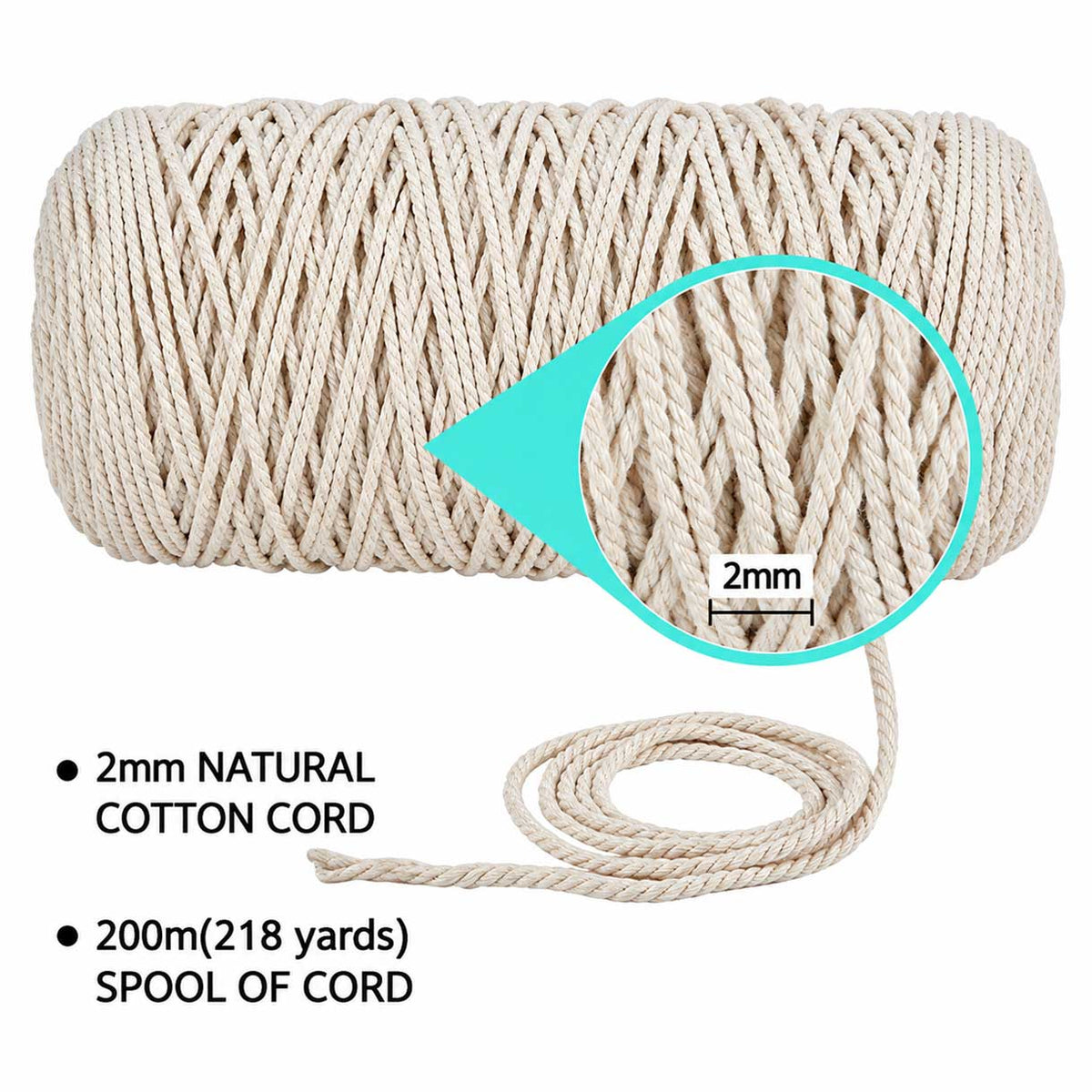 2 mm (5/64") Creamy White Twisted Cotton Macrame Rope 200 m (218 yd) 280-