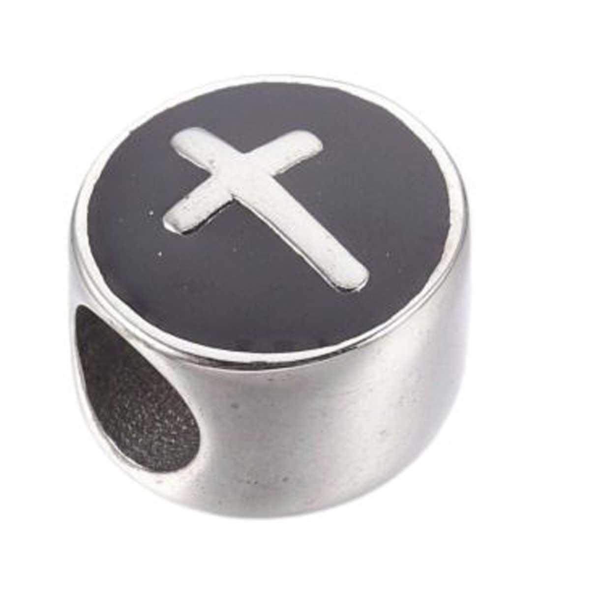 304 Stainless Round Cross w/Black Enamel Bead/Charm