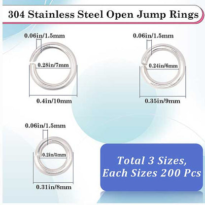 304 Stainless Steel Open Jump Rings 3 Assorted Sizes Aprox. 600 Pcs (1 Set)