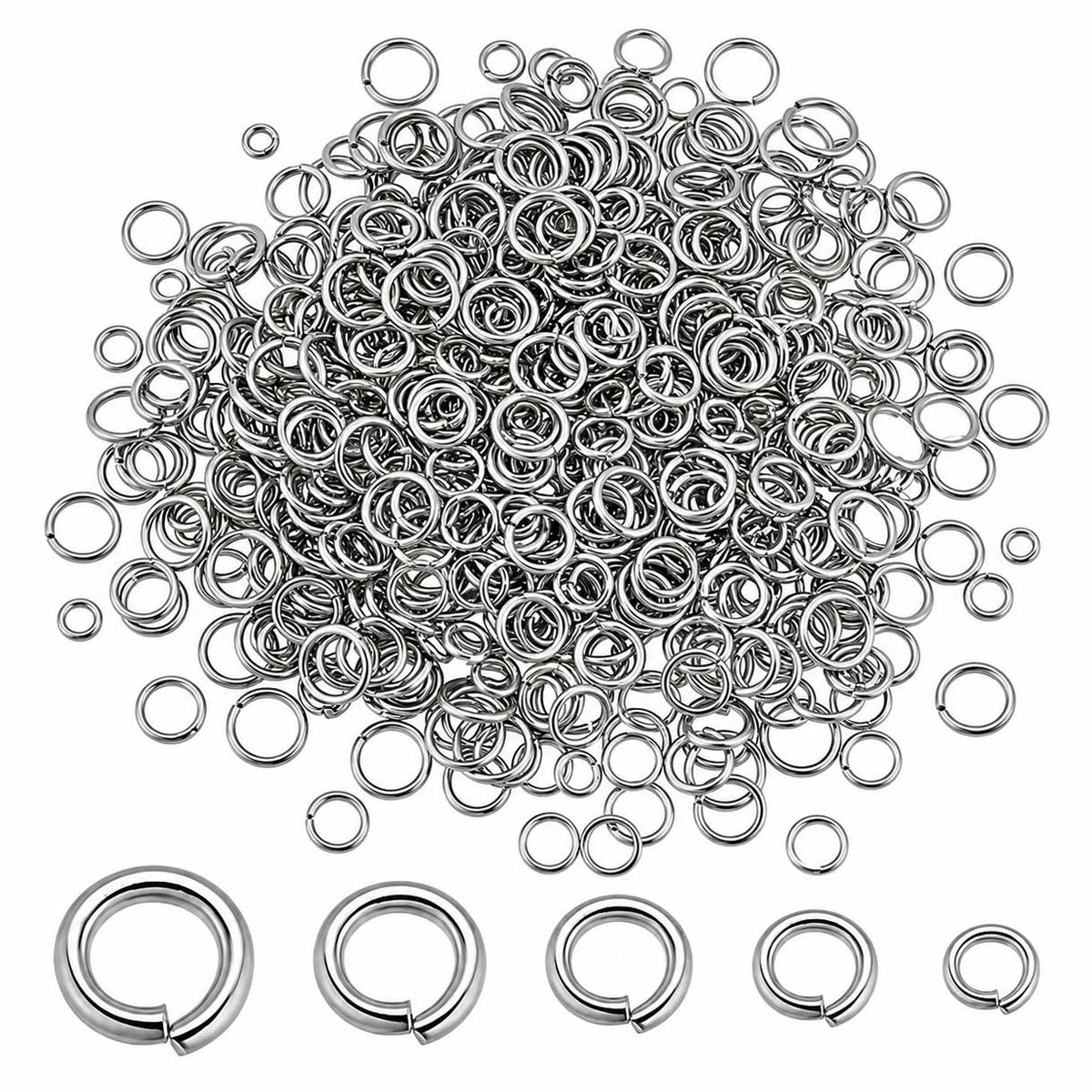304 Stainless Steel Open Jump Rings 5 Assorted Sizes Aprox. 1000 Pcs (1 Set) 280-
