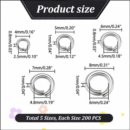 304 Stainless Steel Open Jump Rings 5 Assorted Sizes Aprox. 1000 Pcs (1 Set) 280-