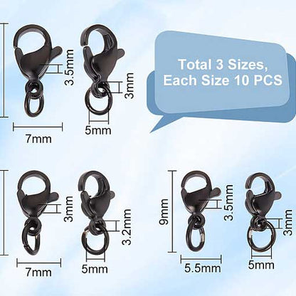 30Pcs 3 Styles Black 304 Stainless Steel Variety Lobster Claw Set