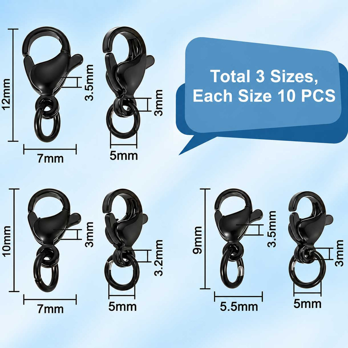 30 Pcs 3 Styles Black 304 Stainless Steel Variety Lobster Claw Set 280-