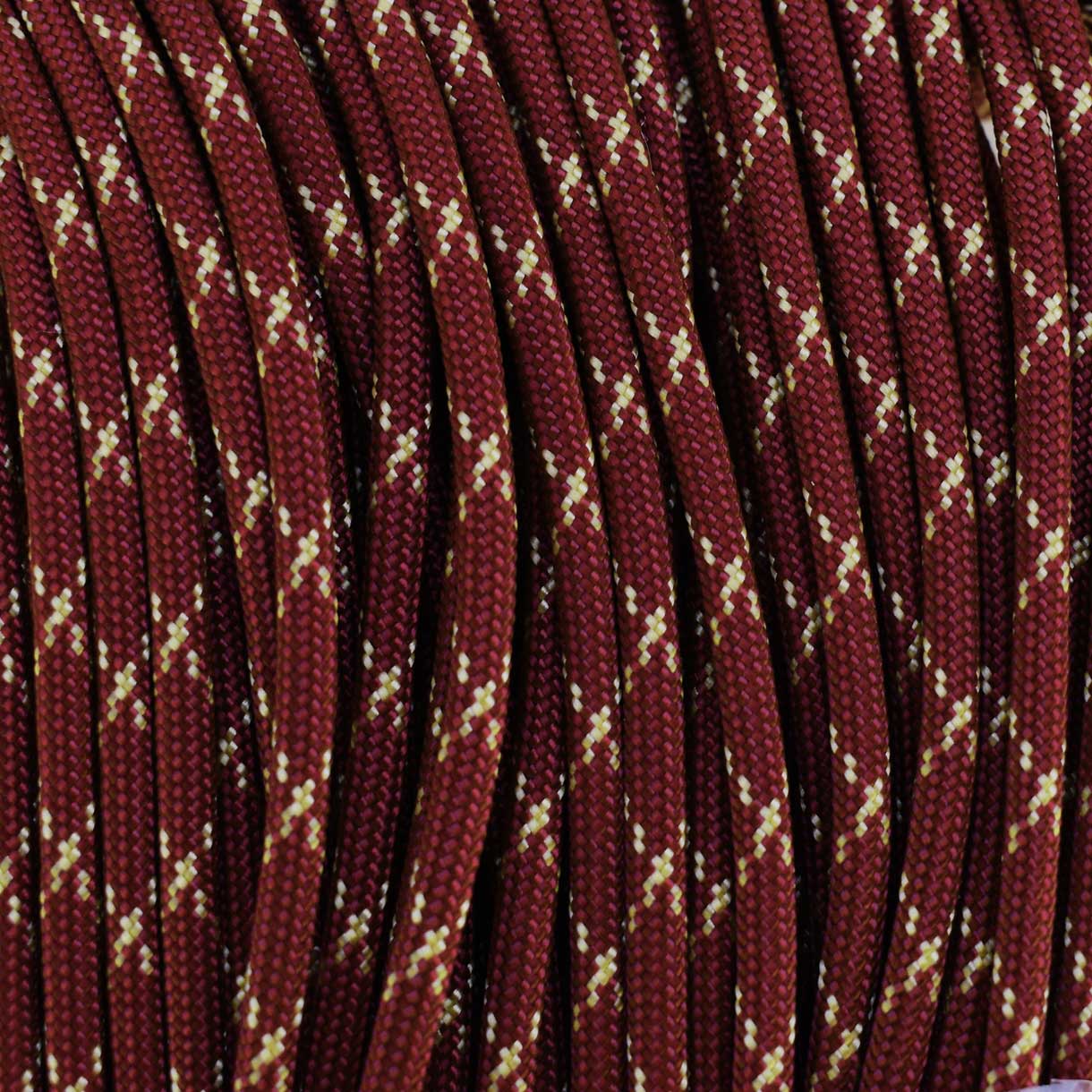 4 mm (5/32”) 550 Paracord Burgundy with Gold X Made in the USA Nylon/Nylon (100 ft)