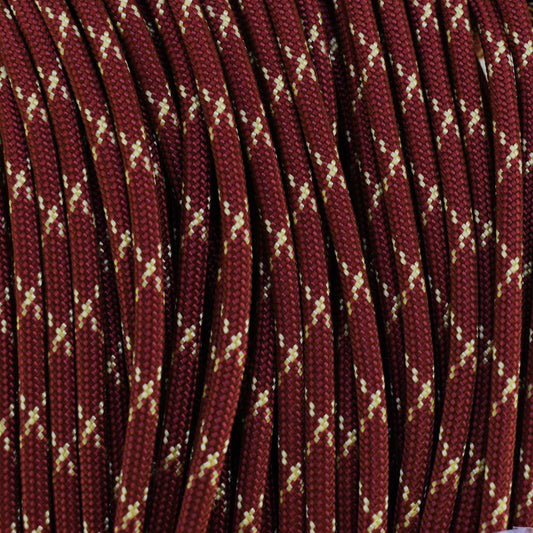 4 mm (5/32”) 550 Paracord Burgundy with Gold X Made in the USA Nylon/Nylon (100 ft)