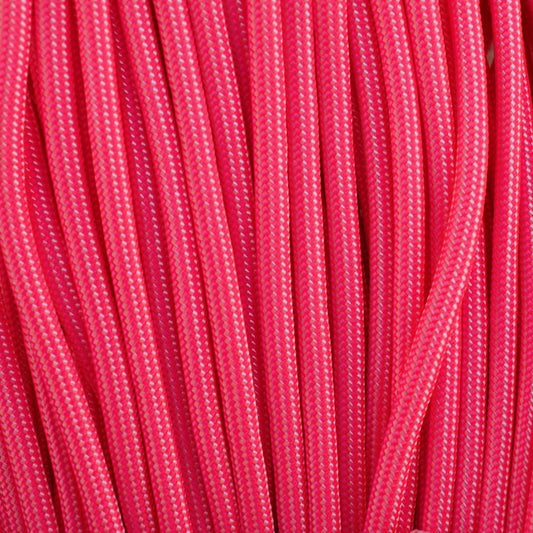 4 mm (5/32”) 550 Paracord Neon Pink and White Stripes Made in the USA Nylon/Nylon (100 ft)