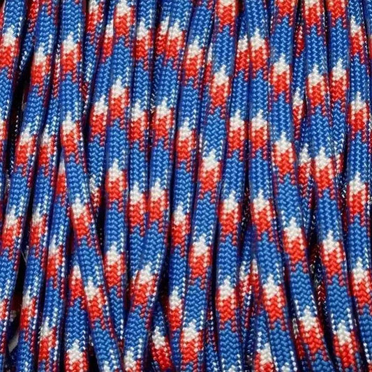 4 mm (5/32”) 550 Paracord Red White and Blue 6869 RWB Made in the USA Nylon/Nylon El Wood Braiding Co