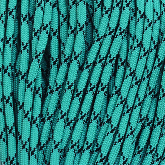 4 mm (5/32”) 550 Paracord Turquoise w/Black X Nylon/Nylon USA Made 100 ft El Wood Braiding Co