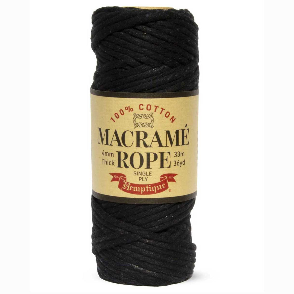 4 mm (5/32") Black Single Ply Egyptian Cotton Macrame Rope 33 m (36 yd) Hemptique