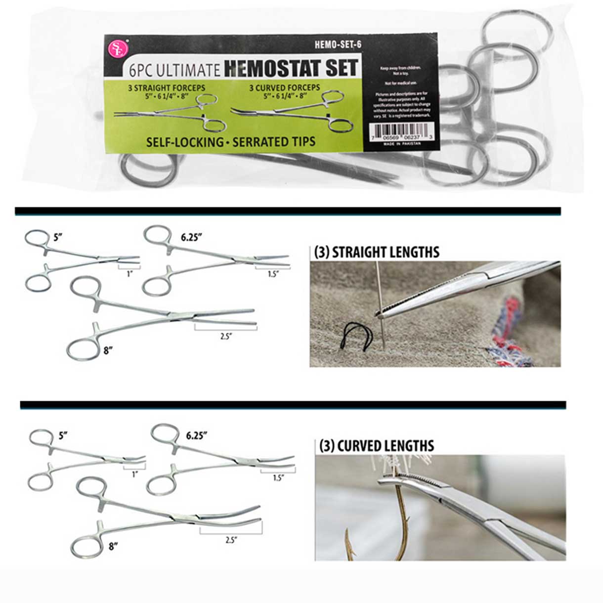 6 Piece Straight and Curved Nose Stainless Steel Locking Forceps Set