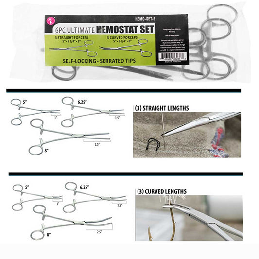 6 Piece Straight and Curved Nose Stainless Steel Locking Forceps Set