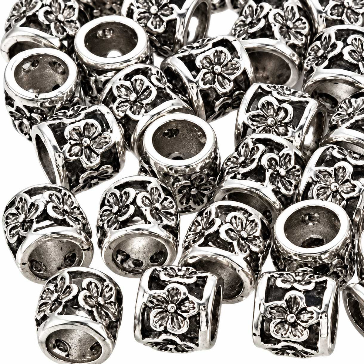 Antique Silver Column with Flower Alloy Bead/Charm (10 Pack) 280-