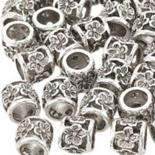 Antique Silver Column with Flower Alloy Bead/Charm (10 pack)