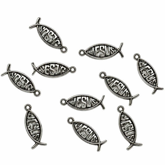 Antique Silver tone Jesus Fish Charm (10 Pack)