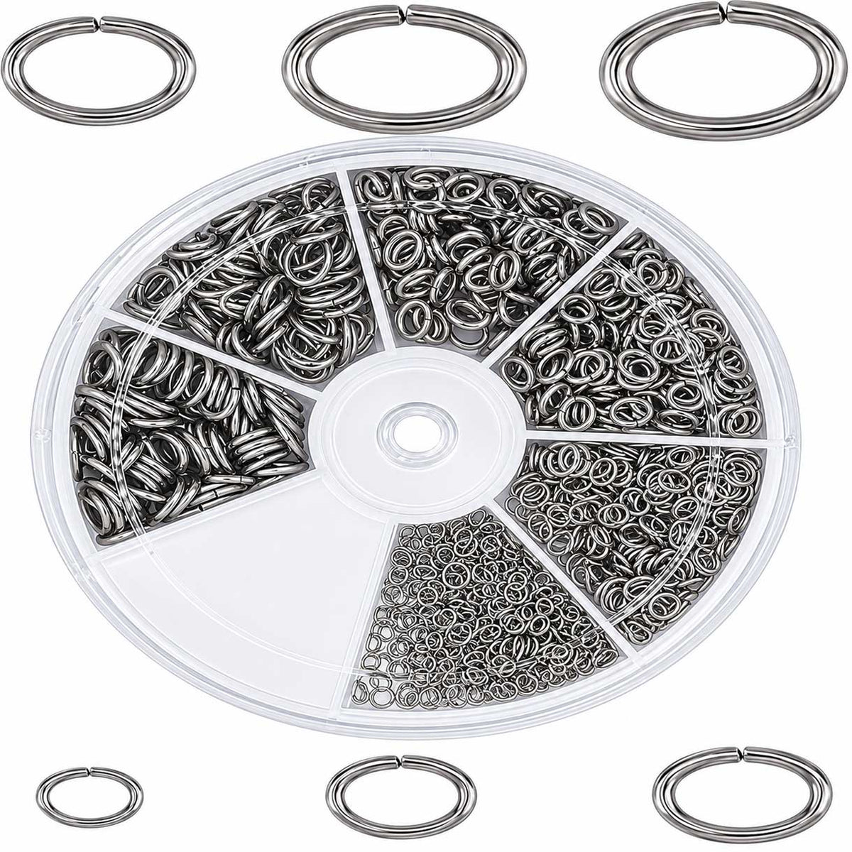 Oval 304 Stainless Steel Open Jump Rings 6 Assorted Sizes Aprox. 1100 Pcs (1 Set) 280-