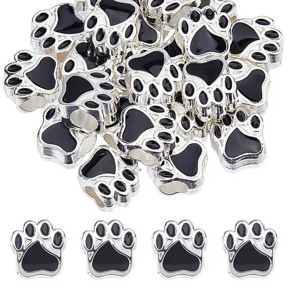 Silver Color Alloy with Black Enamel Dog Paw Print Bead (5 Pack)