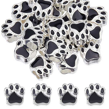 Silver Color Alloy with Black Enamel Dog Paw Print Bead (5 Pack)