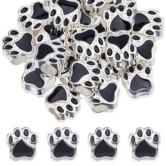 Silver Color Alloy with Black Enamel Dog Paw Print Bead (5 Pack)
