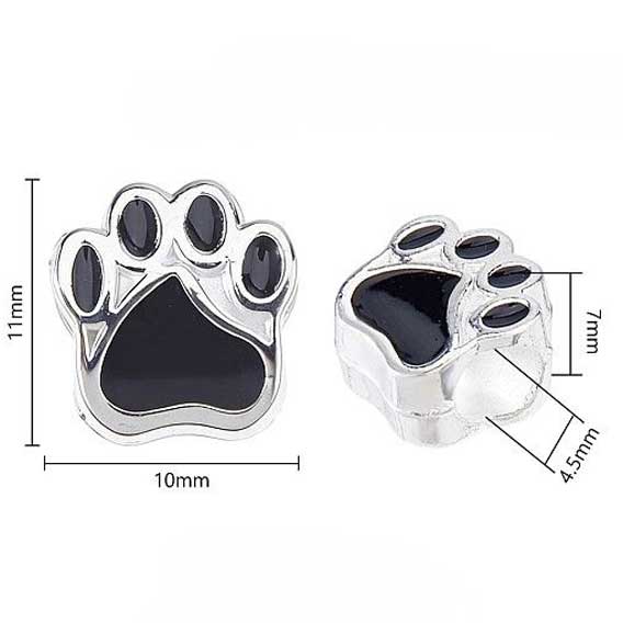Silver Color Alloy with Black Enamel Dog Paw Print Bead (5 Pack)