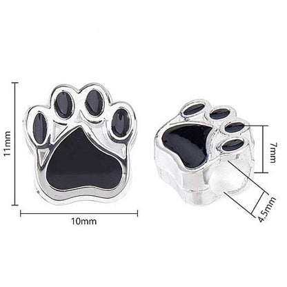 Silver Color Alloy with Black Enamel Dog Paw Print Bead (5 Pack)