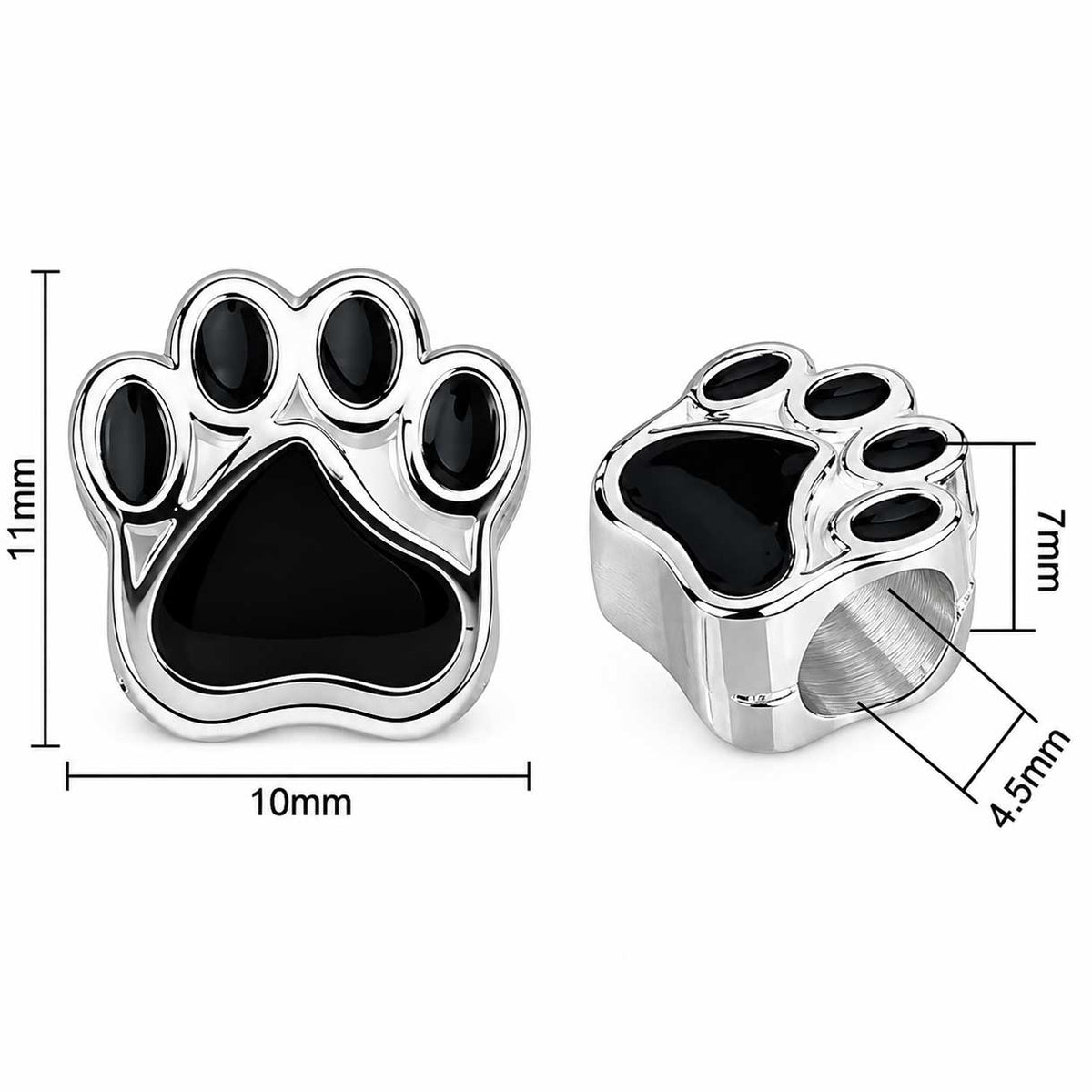 Silver Color Alloy with Black Enamel Dog Paw Print Bead (5 Pack) China