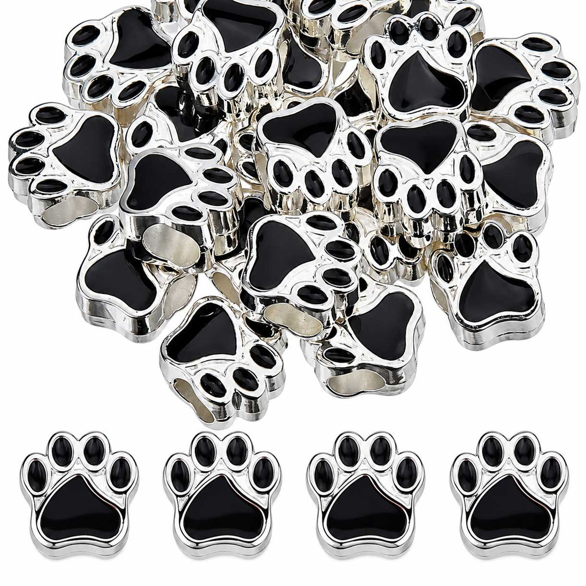 Silver Color Alloy with Black Enamel Dog Paw Print Bead (5 Pack) China