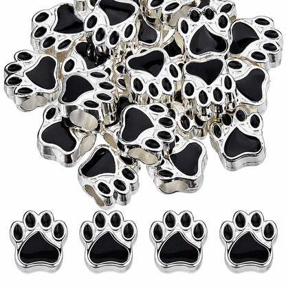 Silver Color Alloy with Black Enamel Dog Paw Print Bead (5 Pack) China