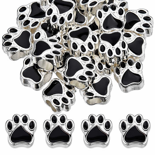 Silver Color Alloy with Black Enamel Dog Paw Print Bead (5 Pack) China