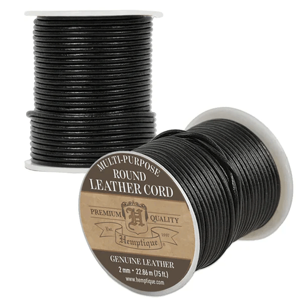 2 mm (5/64") Black Round Leather Cord Spool. Genuine/Real Leather 22.9 m (75 ft)