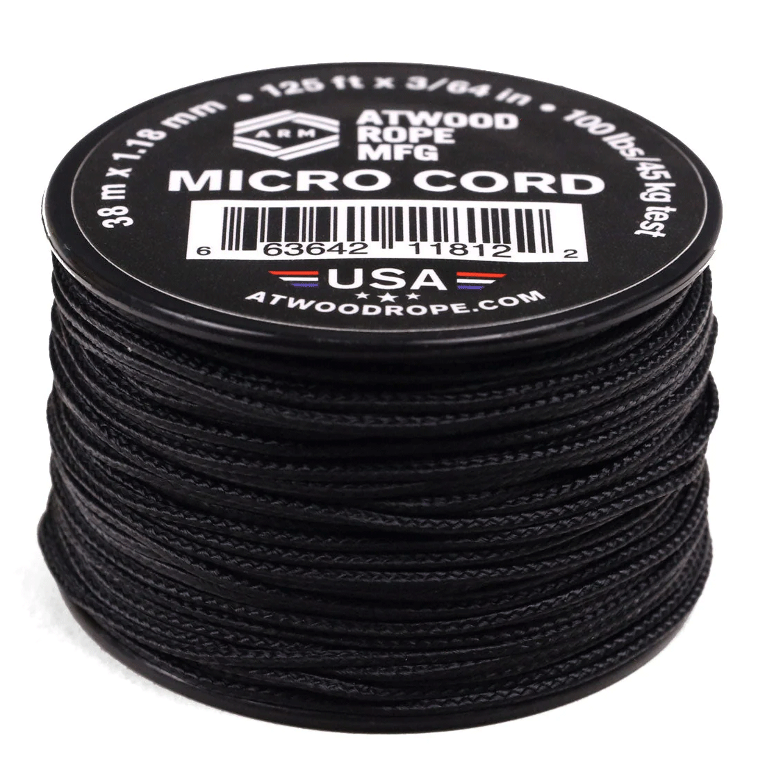 1.18 mm (3/64") Micro Cord Black Made in the USA Polyester/Nylon (125 FT.)