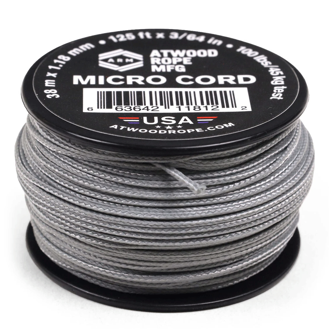 1.18 mm (3/64") Micro Cord Gray / Grey Made in the USA Polyester/Nylon (125 FT.)