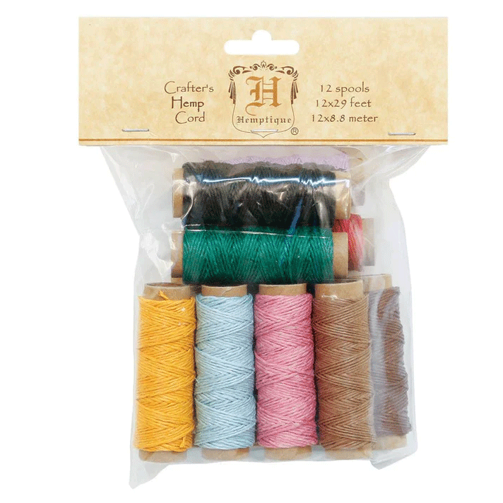 0.5 mm (1/64") Multi Color Hemp Twine/Cord Mini Spools 12 Pack 12 x 8..8 m (29 ft)