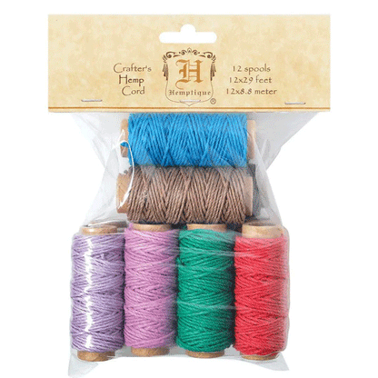 1 mm (3/64") Multi Color Hemp Twine/Cord Mini Spools 12 Pack 12 x 8..8 m (12 x 29 ft)