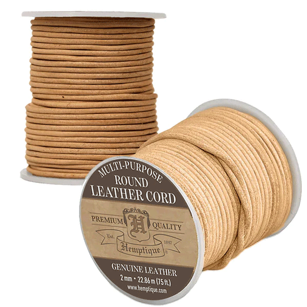 2 mm (5/64") Natural Round Leather Cord Spool. Genuine/Real Leather 22.9 m (75 ft)