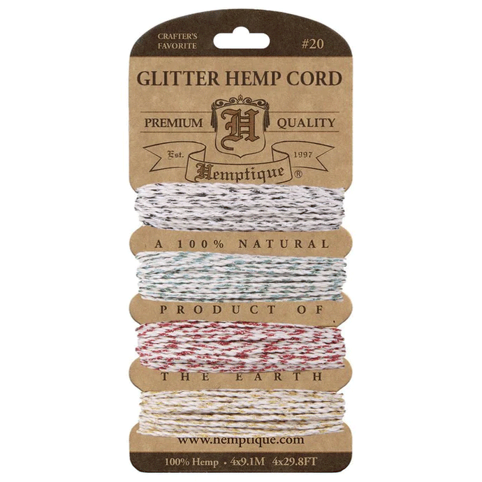 1 mm (3/64") Glitter Festive Occasion Hemp Twine/Cord Card 4 x 9.1 m (29.8 ft)