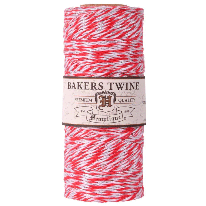 1 mm (3/64") Red, White and Silver Metallic Cotton Bakers Twine/Cord Spool 96 m (315 ft)