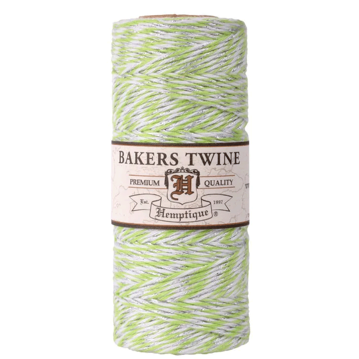 1 mm (3/64") Lime Green, White and Silver Metallic Cotton/Poly Bakers Twine/Cord Spool 96 m (315 ft)