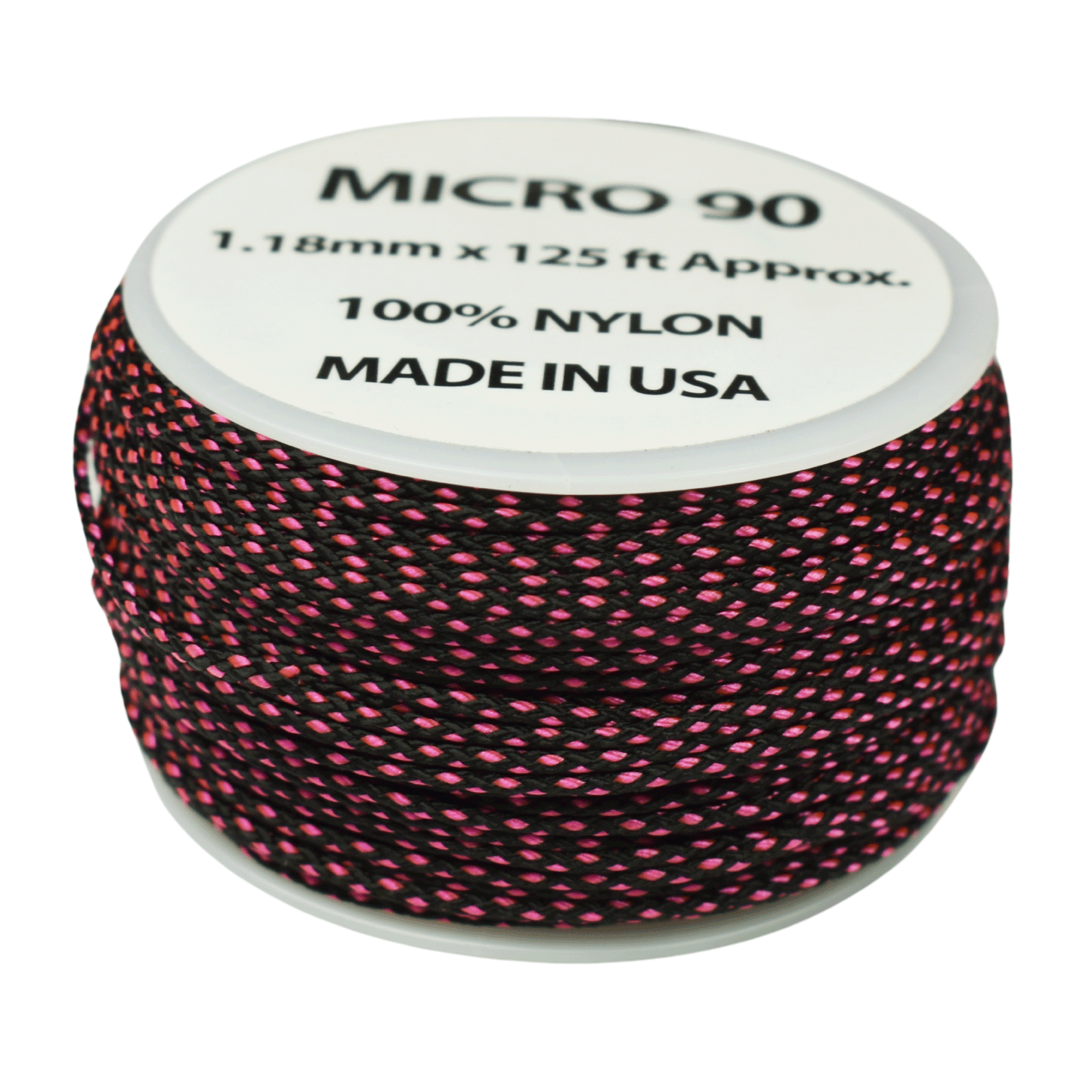 1.18 mm (3/64”) Micro Cord Black with Neon Pink Diamonds Made in the USA Nylon/Nylon (125 FT).