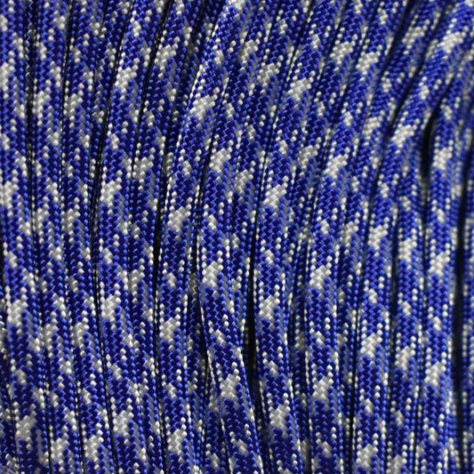4 mm (5/32”) 550 Paracord Electric Blue and Silver Camo Made in the USA Nylon/Nylon (100 ft)