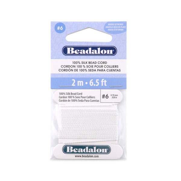 Size #6, 0.70 mm (.028") White 100% Silk Cord Thread with Needle 2 m (6.5 ft)